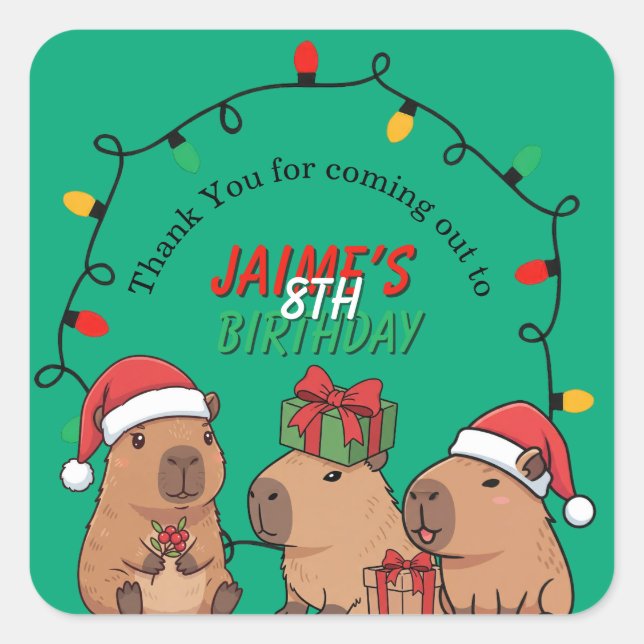 Pegatina Cuadrada Luces de Navidad para Cumpleaños de Capybara (Anverso)