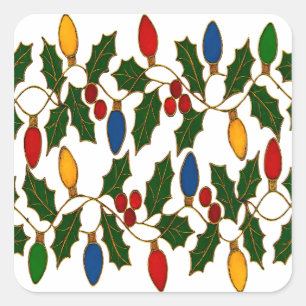 Pegatina Cuadrada Luces de Navidad y Acebo de Arte Cloisonne