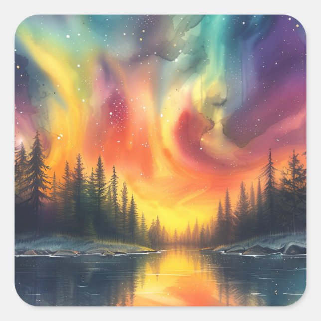 Pegatina Cuadrada Luces del Norte en el Lago con Estrellas (Anverso)
