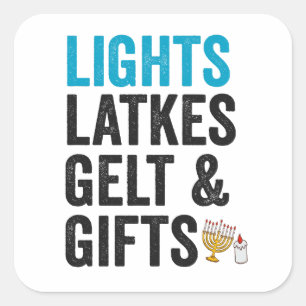 Pegatina Cuadrada Luces latkes gelt y regalos divertidos Hanukkah ju