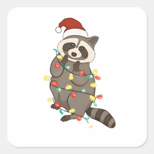 Pegatina Cuadrada Luces Navideñas de Mapache Feliz Sombrero de Santa