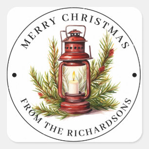 Pegatina Cuadrada Luces Navideñas Personalizadas de Linterna Rústica