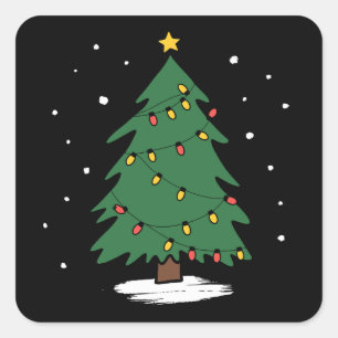 Pegatina Cuadrada Luces Retro de Navidad árbol de Navidad alegre 