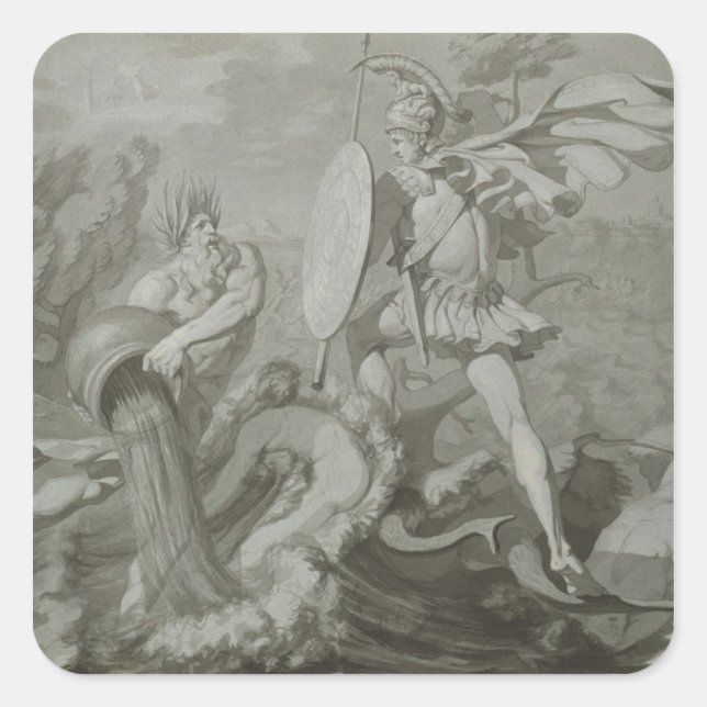 Pegatina Cuadrada Lucha de Aquiles con el río Scamander (Anverso)