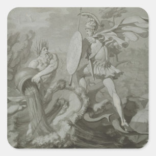 Pegatina Cuadrada Lucha de Aquiles con el río Scamander