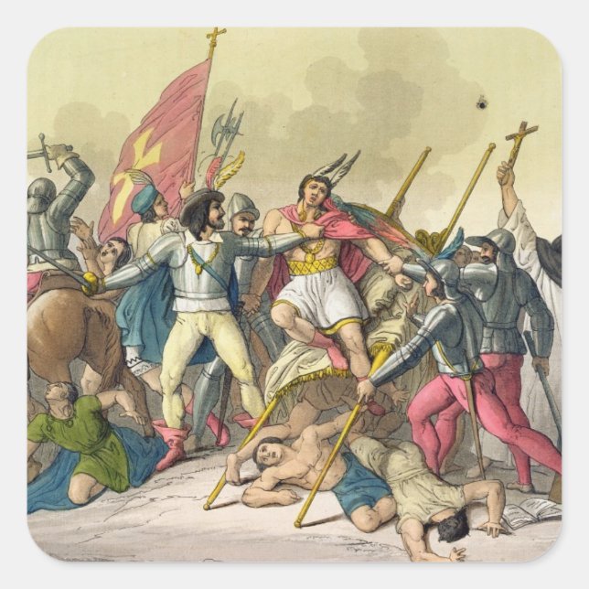 Pegatina Cuadrada Lucha entre indios locales y conquistadores (co (Anverso)