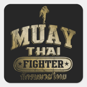 Pegatina Cuadrada Luchador tailandés de oro Muay