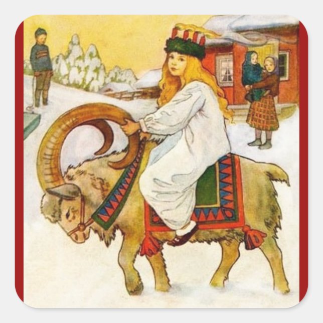 Pegatina Cuadrada Lucia montando una cabra Navidad (Anverso)