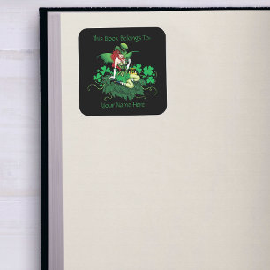 Pegatina Cuadrada Luck Irish Fairy Green Bookplate