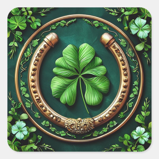 Pegatina Cuadrada Lucky Horseshoe and Clover Design (Anverso)
