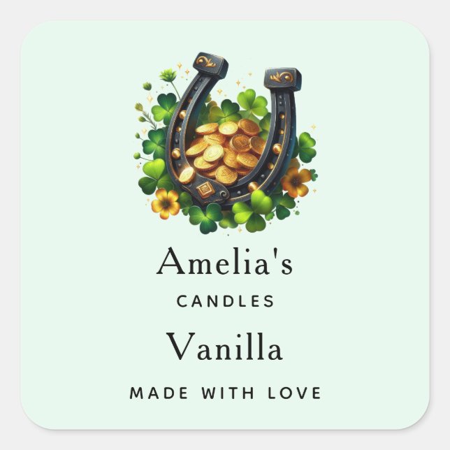 Pegatina Cuadrada Lucky Horseshoe and Gold Coins Candle Business (Anverso)