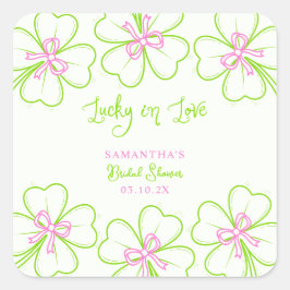 Pegatina Cuadrada Lucky in Love ShamrockPink Green  Bridal Shower 
