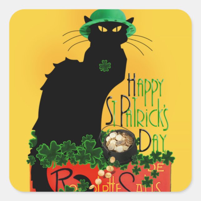 Pegatina Cuadrada Lucky Le Chat Noir St. Patrick's Day (Anverso)