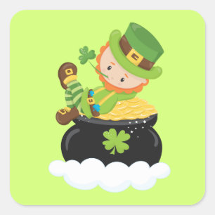 Pegatina Cuadrada Lucky Leprechaun en una olla de oro