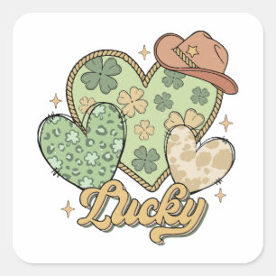 Pegatina Cuadrada Lucky Western St Patricks Day Heart Shamrock Irish