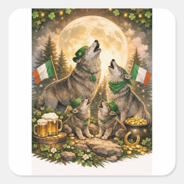 Pegatina Cuadrada Lucky Wolf Pack – St. Patrick’s Day Family Howling (Anverso)