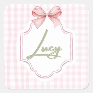 Pegatina Cuadrada Lucy Baby Nursery personalizada Bow&Gingham