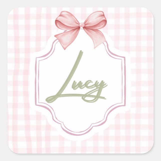 Pegatina Cuadrada Lucy Baby Nursery personalizada Bow&Gingham (Anverso)