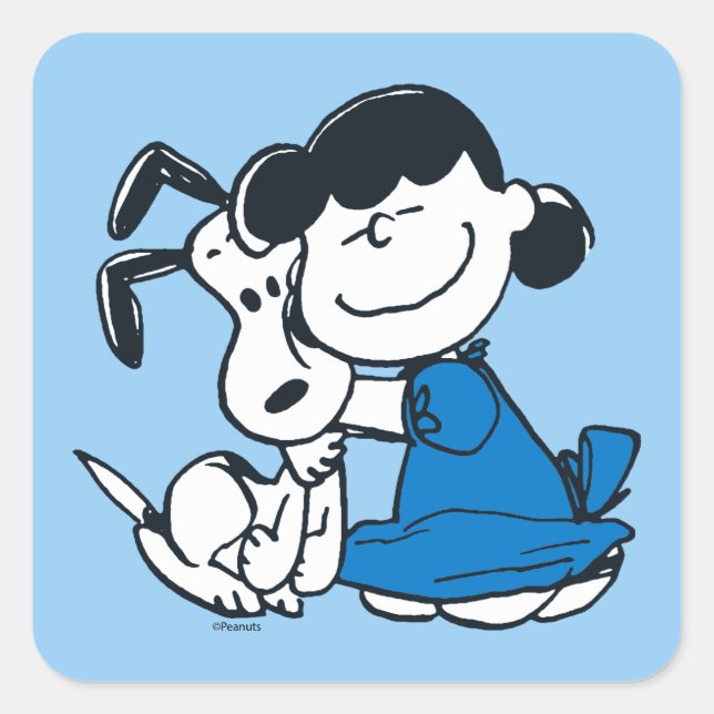 Pegatina Cuadrada Lucy Hugging Snoopy (Anverso)
