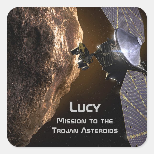 Pegatina Cuadrada Lucy Misión al estudio de los asteroides troyanos (Anverso)