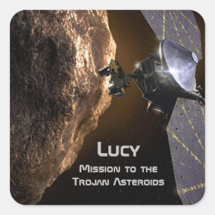 Pegatina Cuadrada Lucy Misión al estudio de los asteroides troyanos