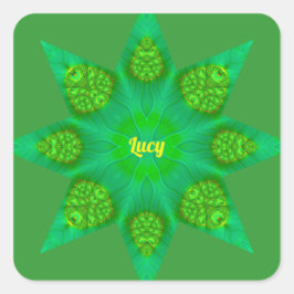 Pegatina Cuadrada ¡LUCY ~ WOW! Diseño fractal de estrella verde octa