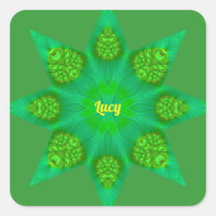 Pegatina Cuadrada ¡LUCY ~ WOW! Diseño fractal de estrella verde octa