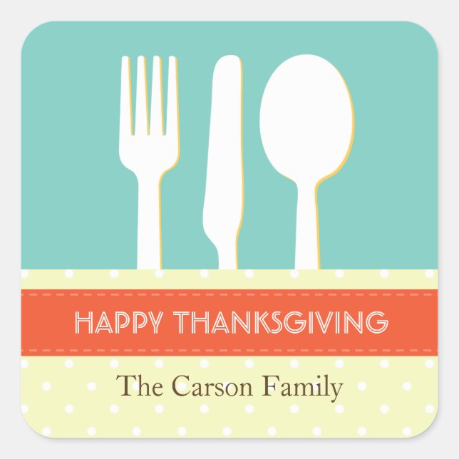 Pegatina Cuadrada Lugar Utensil naranja de acción de gracias azul (Anverso)