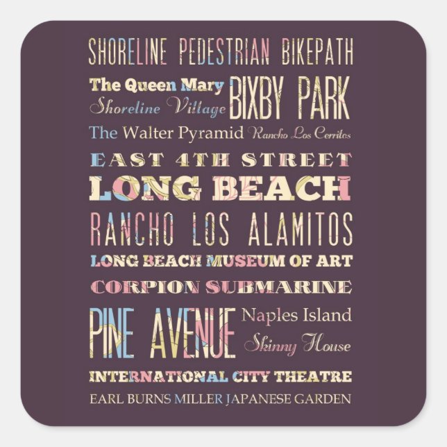 Pegatina Cuadrada Lugares famosos de Long Beach, California. (Anverso)