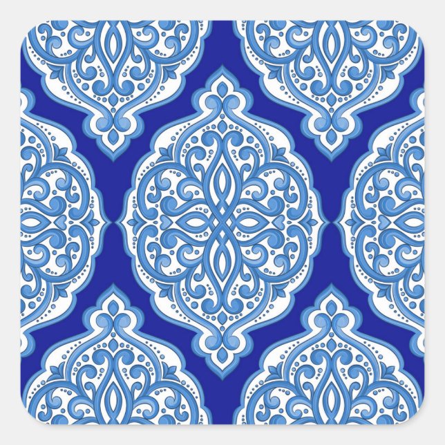Pegatina Cuadrada Lujo blanco-azul, ornamento turco. (Anverso)