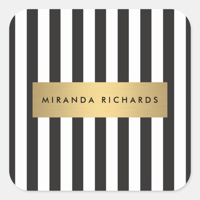 Pegatina Cuadrada Lujo Bold Rayas Negras y Blancas con Barra Dorada (Anverso)