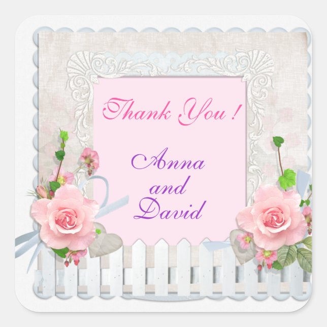 Pegatina Cuadrada Lujo Moderno Rosa Floral Añade Tu Texto (Anverso)