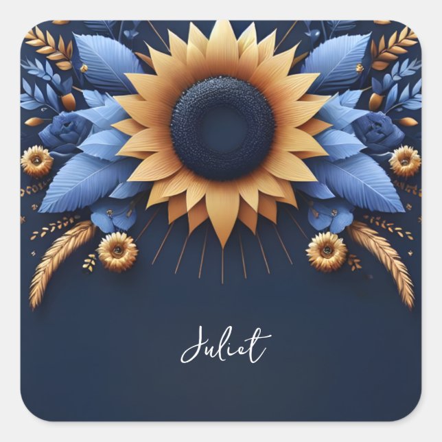 Pegatina Cuadrada Lujo Rosa Corona Real Azul para Brindis de Boda (Anverso)