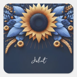 Pegatina Cuadrada Lujo Rosa Fucsia Corona Azul Bridal Shower