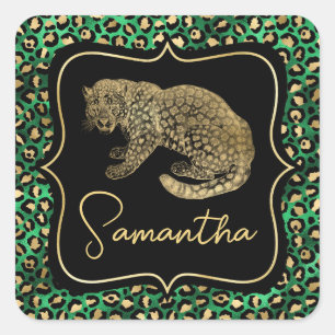 Pegatina Cuadrada Lujo Verde Estampado Leopardo Dorado Monograma Ani