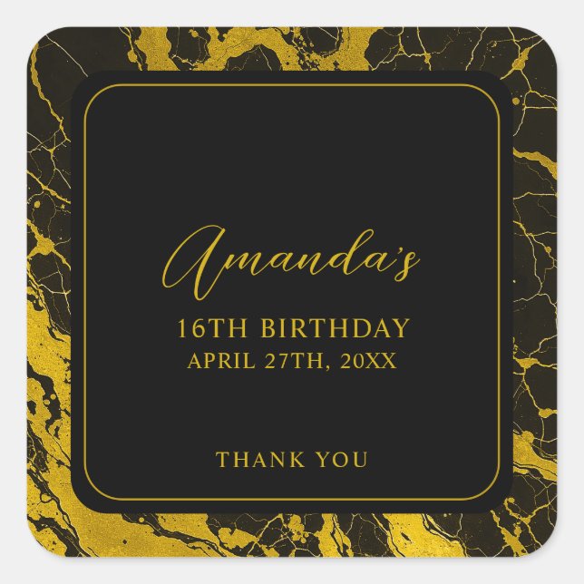 Pegatina Cuadrada Lujoso dulce de mármol negro y oro 16 cumpleaños (Anverso)