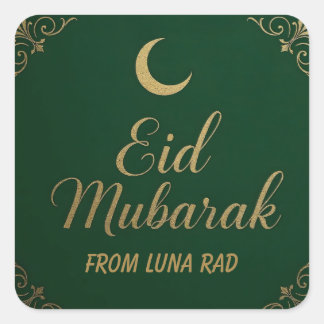 Pegatina Cuadrada Lujoso Elegante Eid Mubarak Saludo en Verde