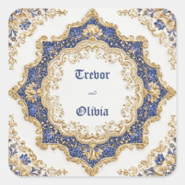Pegatina Cuadrada Lujoso Estallido de Estrella Barroco de Oro Azul R
