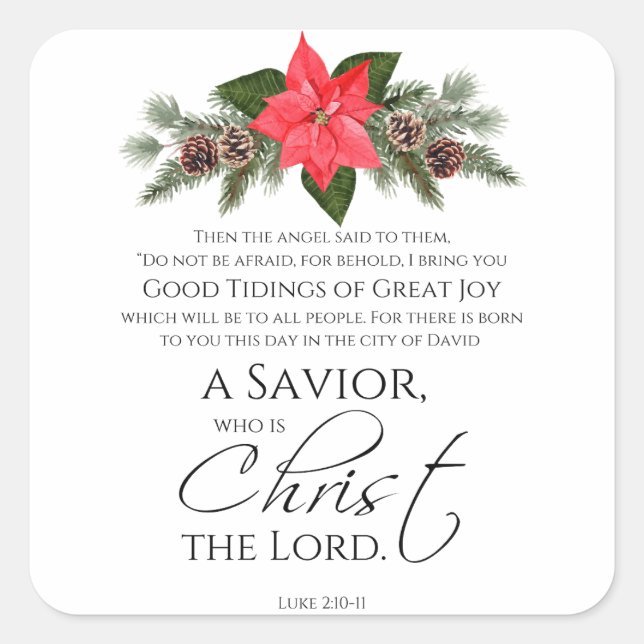 Pegatina Cuadrada Luke 2:10-11 Navidades de Poinsettia Scripture (Anverso)