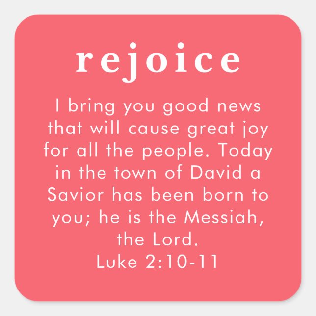 Pegatina Cuadrada Luke 2:10 Red Bible Verse Christian Christmas (Anverso)