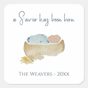 Pegatina Cuadrada Luke 2:11 Navidades de Natividad de acuarela Minim