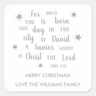 Pegatina Cuadrada Luke 2:11 Silver Script Regalo de Navidades religi
