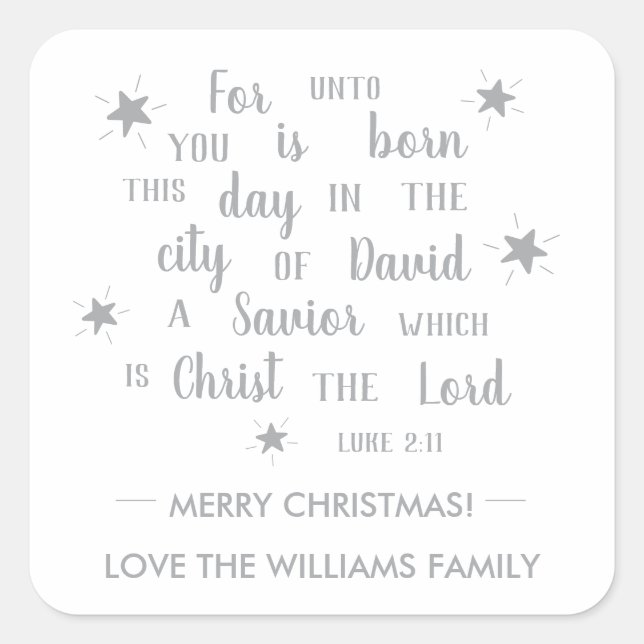 Pegatina Cuadrada Luke 2:11 Silver Script Regalo de Navidades religi (Anverso)