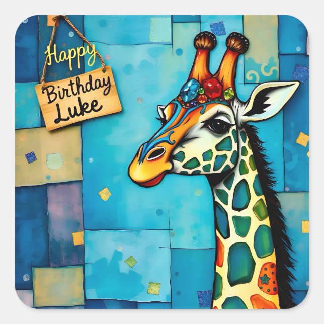 Pegatina Cuadrada LUKE ~ FELIZ CUMPLEAÑOS ~ Giraffe ~ (Anverso)