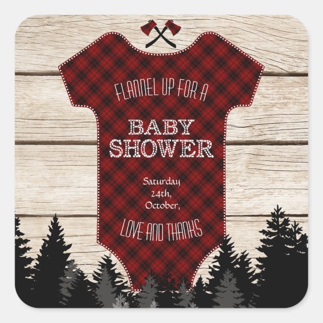 Pegatina Cuadrada Lumberjack Buffalo Baby Suit Wood Baby Shower (Anverso)