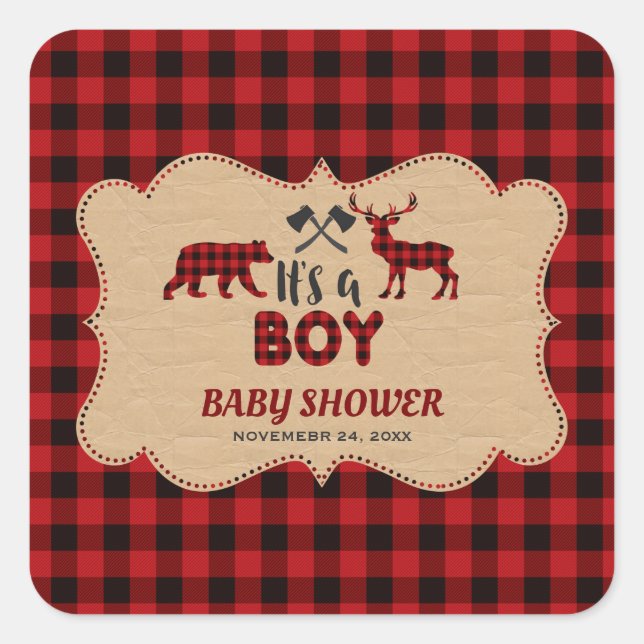 Pegatina Cuadrada Lumberjack Red Buffalo Little Hunter Baby Shower (Anverso)