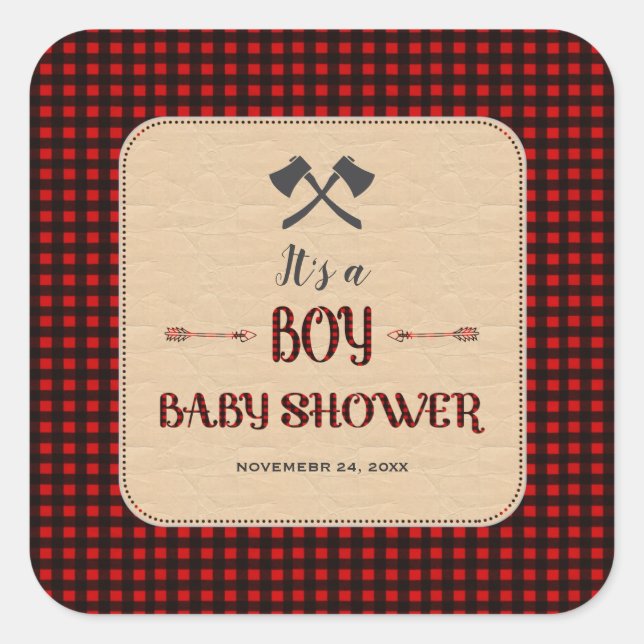Pegatina Cuadrada Lumberjack Red Buffalo Wild Hunter Baby Shower (Anverso)