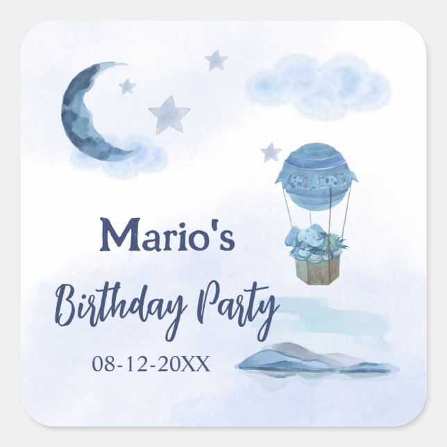 Pegatina Cuadrada Luna azul niño de cumpleaños pequeño elefante (Anverso)