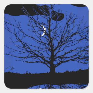 Pegatina Cuadrada Luna con árbol, azul cobalto, negro y blanco