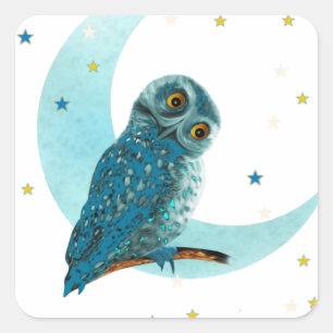 Pegatina Cuadrada Luna de búho y estrellas